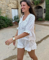 Casual Doll Collar Shirts Shorts Women 2 Piece Sets Loose Puff Sleeve Single Breasted Blouses Ruffles Short Pants Summer