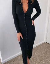 Long Sleeve Party Dresses Women Button Knitted Ankle-Length V-Neck Skinny Autumn  Sexy Dresses Women Cotton Split Hem