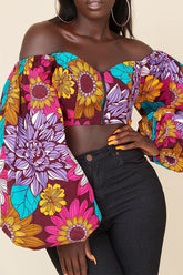 Pbong - Red Sweet Print Patchwork Zipper Off the Shoulder Tops