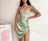 Satin Women Strap Mini Dress Ruched Lace Up Cross Bandage Backless Bodycon Sexy Party Elegant Club Christmas Slim