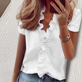 Short Sleeve Shirts Ladies Tops Summer Blouse Office Lady Women's Clothing New Fashion Ruffle V-Neck Solid Shirt Casual Female