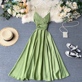 New Summer Women Sexy V Neck High Waist A-line Party Tank Sundress Elegant Bandage Bow Long Dress Vestidos Multicolour