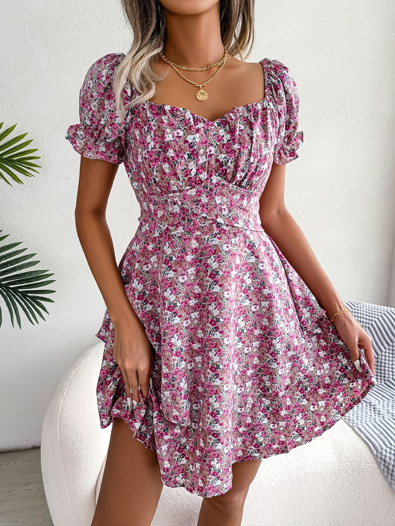 Bohemia Floral Print Dress, Puff Short Sleeve Square Neck Ruffle Hem Vacation Dress, Women's Clothing