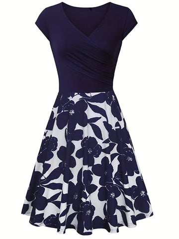 Floral Print V Neck Dress, Elegant Short Sleeve Dress For Spring & Summer, Women's Clothing