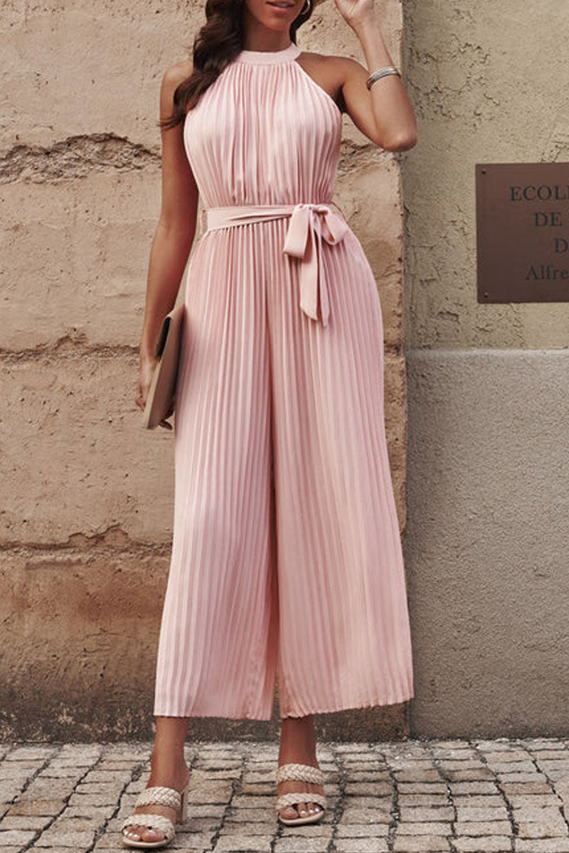 Accordion-pleated Belted Grecian Neck Sleeveless Jumpsuit
