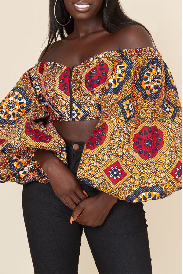 Pbong - Red Sweet Print Patchwork Zipper Off the Shoulder Tops
