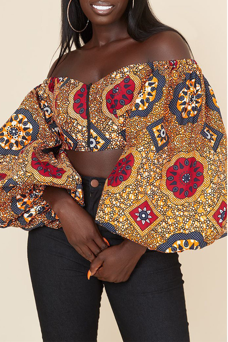 Pbong - Red Sweet Print Patchwork Zipper Off the Shoulder Tops