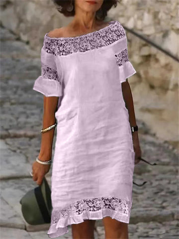 New Casual Lace Patchwork One Line Collar Cotton Linen Solid Short Sleeved Dress