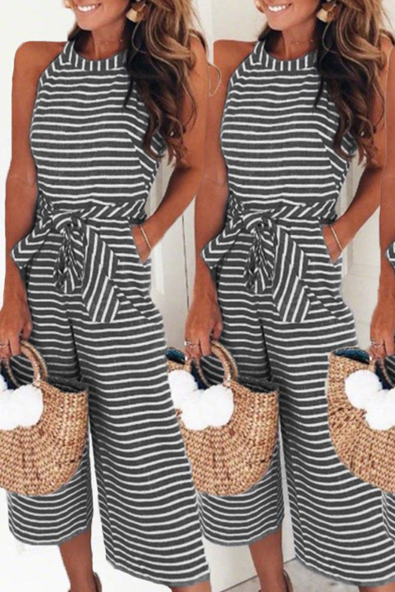 Casual Striped Patchwork O Neck Loose Jumpsuits