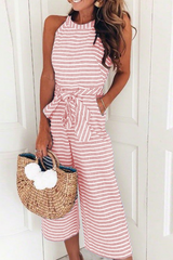 Casual Striped Patchwork O Neck Loose Jumpsuits
