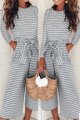 Casual Striped Patchwork O Neck Straight Jumpsuits(2 Colors)