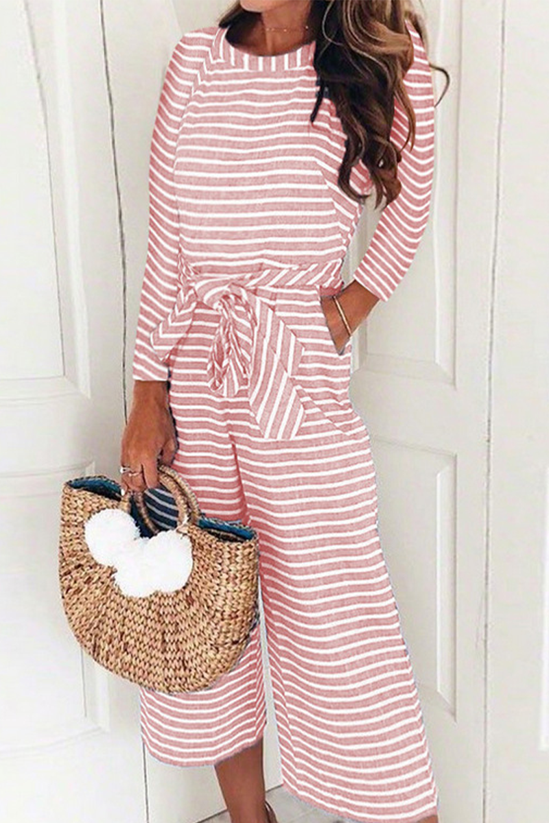 Casual Striped Patchwork O Neck Straight Jumpsuits(2 Colors)