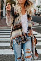 Casual Striped Tassel Buttons Cardigan Collar Outerwear