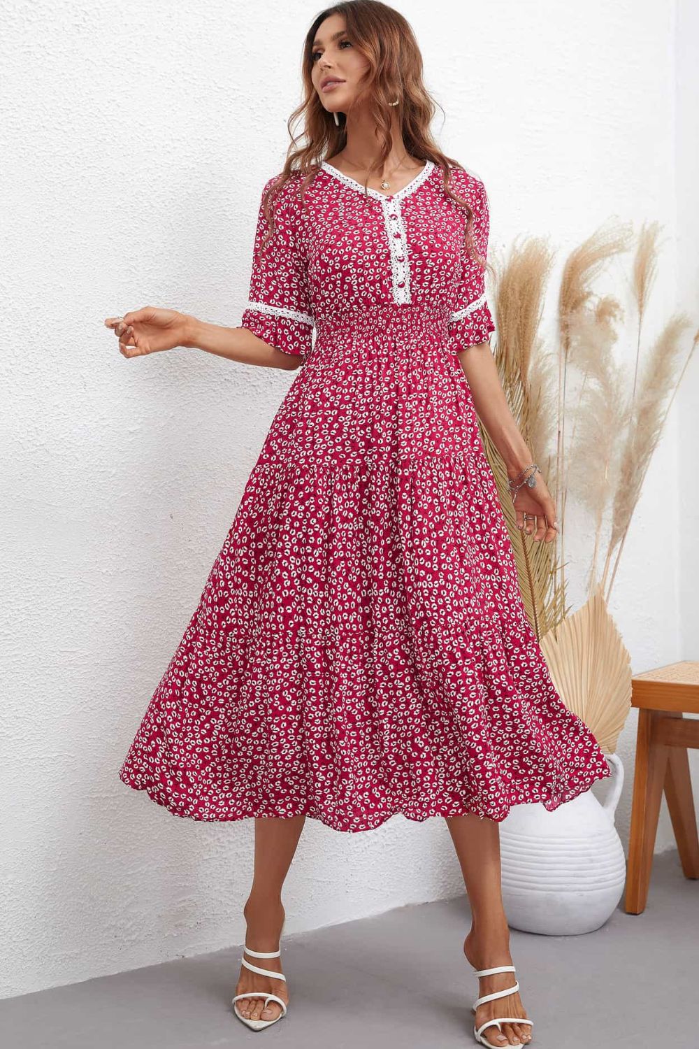 Floral V-Neck Smocked Waist Midi Dress