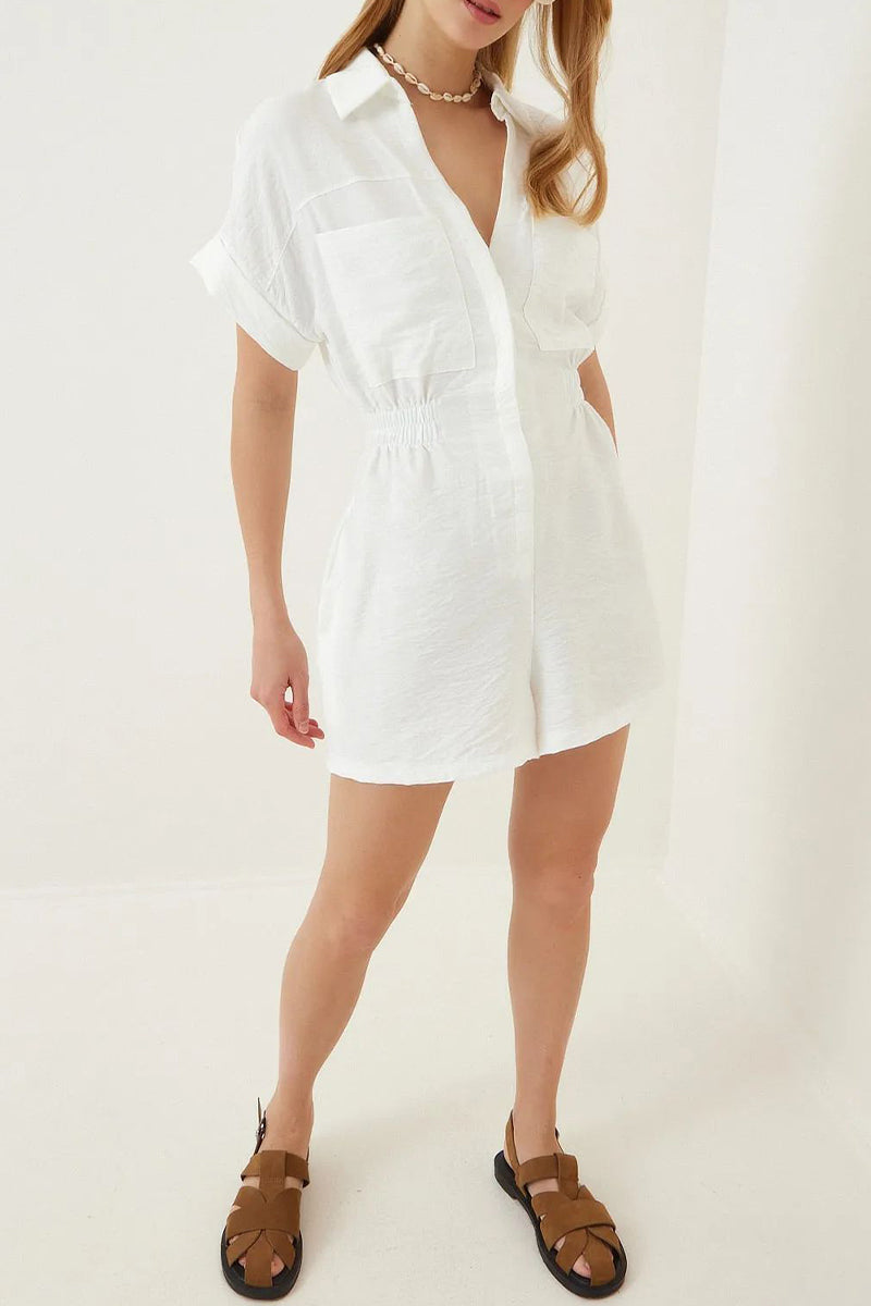 Daily Simplicity Solid Pocket Turndown Collar Loose Rompers(4 Colors)