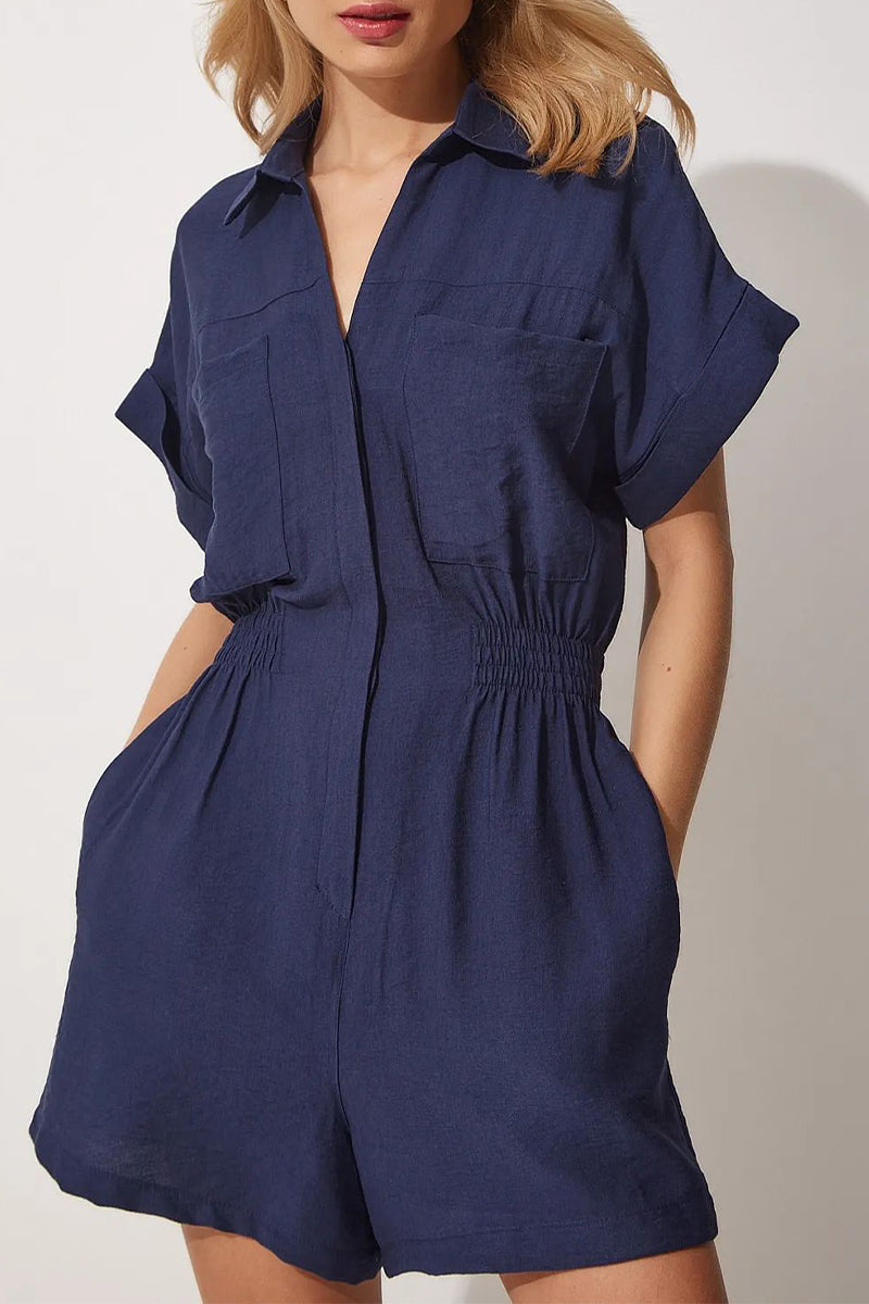 Daily Simplicity Solid Pocket Turndown Collar Loose Rompers(4 Colors)