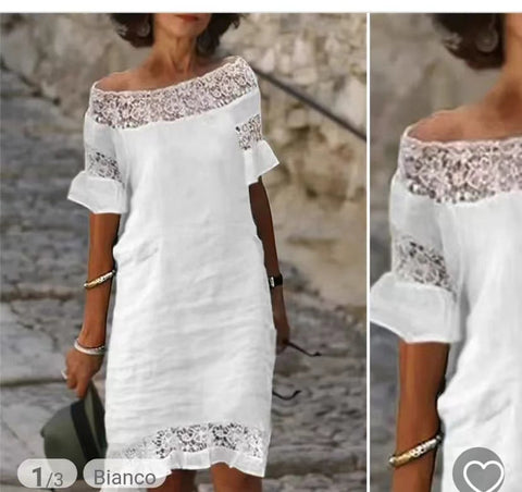 New Casual Lace Patchwork One Line Collar Cotton Linen Solid Short Sleeved Dress