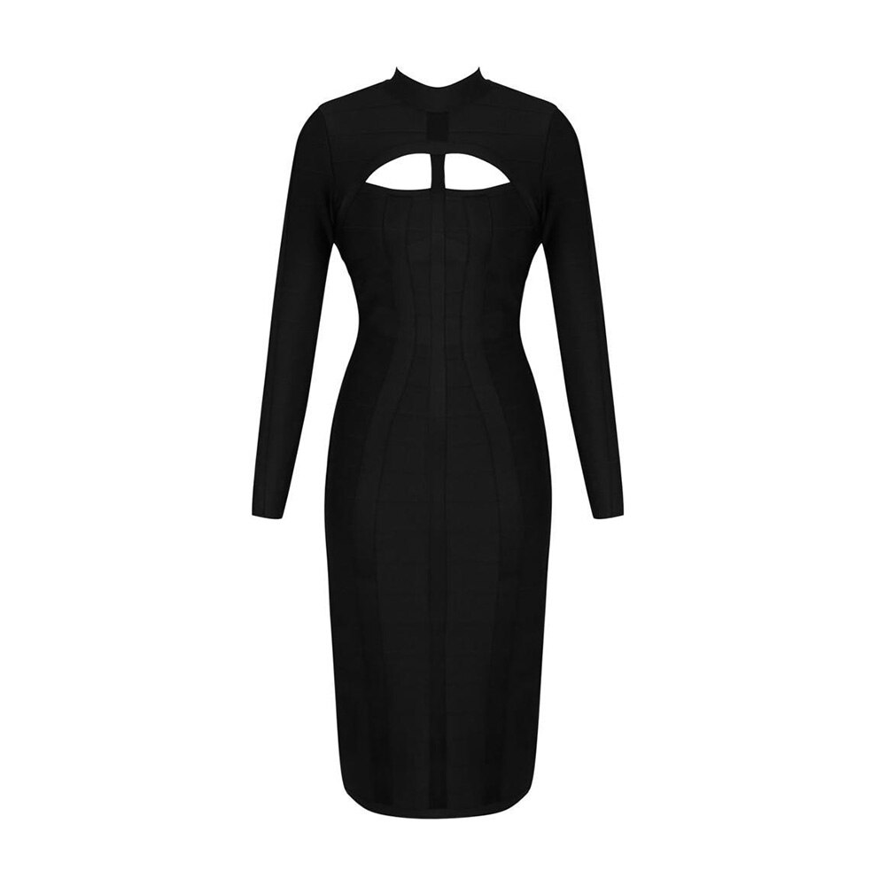 Women Bodycon Bandage Dress White Long Sleeve Hollow Out Club Dress Vestidos Celebrity Evening Party Midi Dress