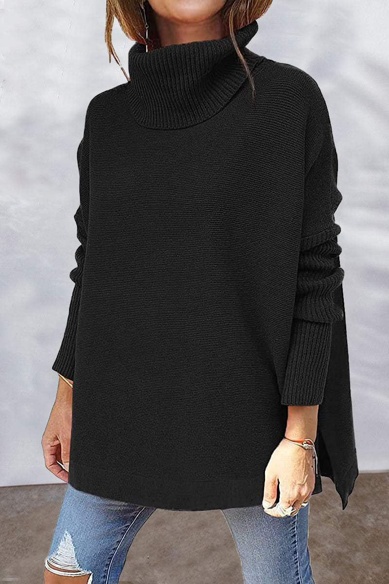 Pbong - Black Casual Solid Slit Turtleneck Tops