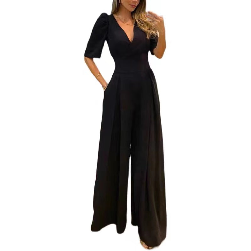 Women's Jumpsuit for Special Occasions Lace Solid Color Round Neck Elegant Business Daily Party Straight Regular Fit Half Sleeve Lace Sleeves Black S M L Fall
