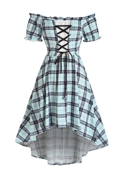 Plaid 2 In 1 Dresses  Short Sleeve Robe Plaid Print Faux Twinset Lace Up Vestido Feminino Vacation Party Streetwear