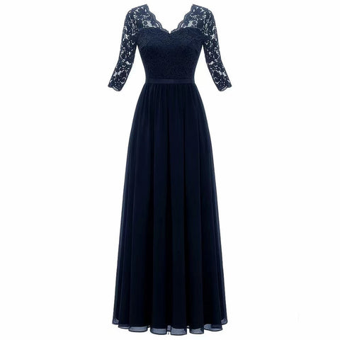 Women's Formal Party Dress Maxi long Dress Navy Blue 3/4 Length Sleeve Print Pure Color Ruched Lace Fall Winter V Neck Elegant Fashion Modern 3XL