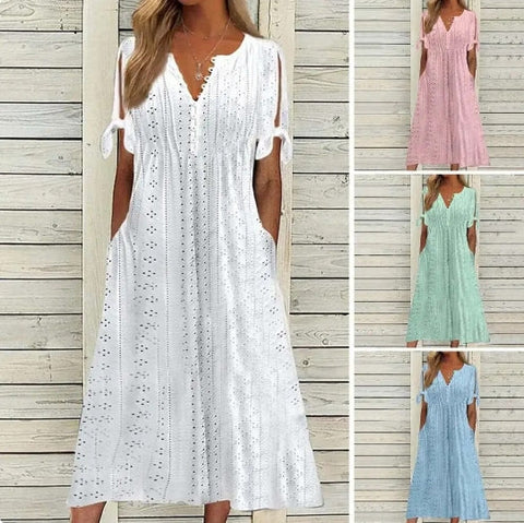 Women's Casual Dress White Dress Plain Dress Plain Lace Patchwork V Neck Midi Dress Elegant Modern Outdoor Daily Short Sleeve Regular Fit White Pink Green Summer Spring S M L XL 2XL