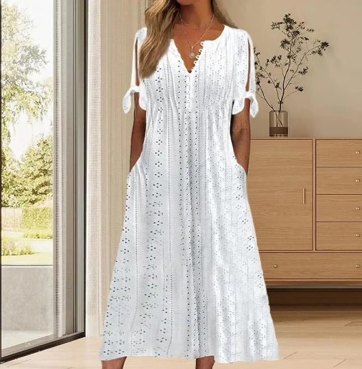 Women's Casual Dress White Dress Plain Dress Plain Lace Patchwork V Neck Midi Dress Elegant Modern Outdoor Daily Short Sleeve Regular Fit White Pink Green Summer Spring S M L XL 2XL