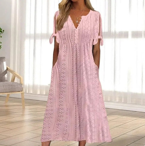 Women's Casual Dress White Dress Plain Dress Plain Lace Patchwork V Neck Midi Dress Elegant Modern Outdoor Daily Short Sleeve Regular Fit White Pink Green Summer Spring S M L XL 2XL