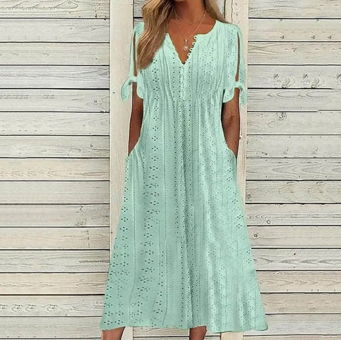 Women's Casual Dress White Dress Plain Dress Plain Lace Patchwork V Neck Midi Dress Elegant Modern Outdoor Daily Short Sleeve Regular Fit White Pink Green Summer Spring S M L XL 2XL