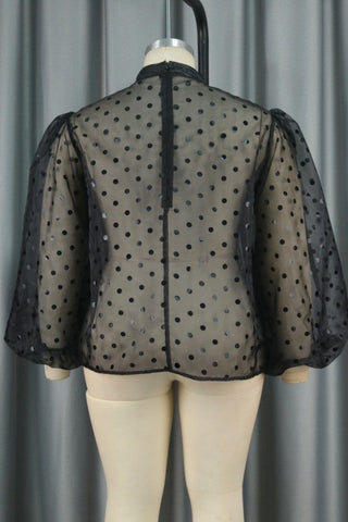 Pbong - Black Casual Dot Patchwork See-through Half A Turtleneck Tops