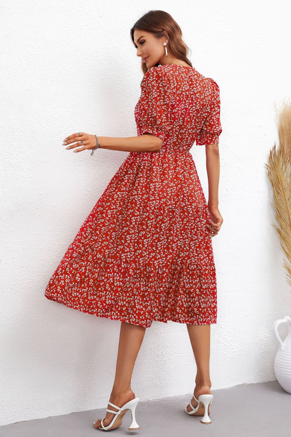 Floral Tie Waist Collared Neck Tiered Dress