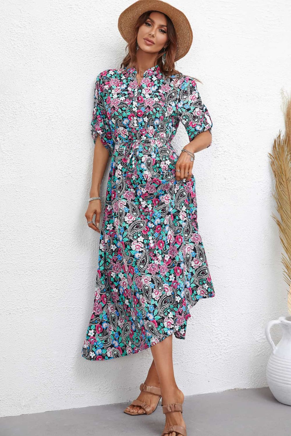 Floral Notched Neck Half Sleeve Dress