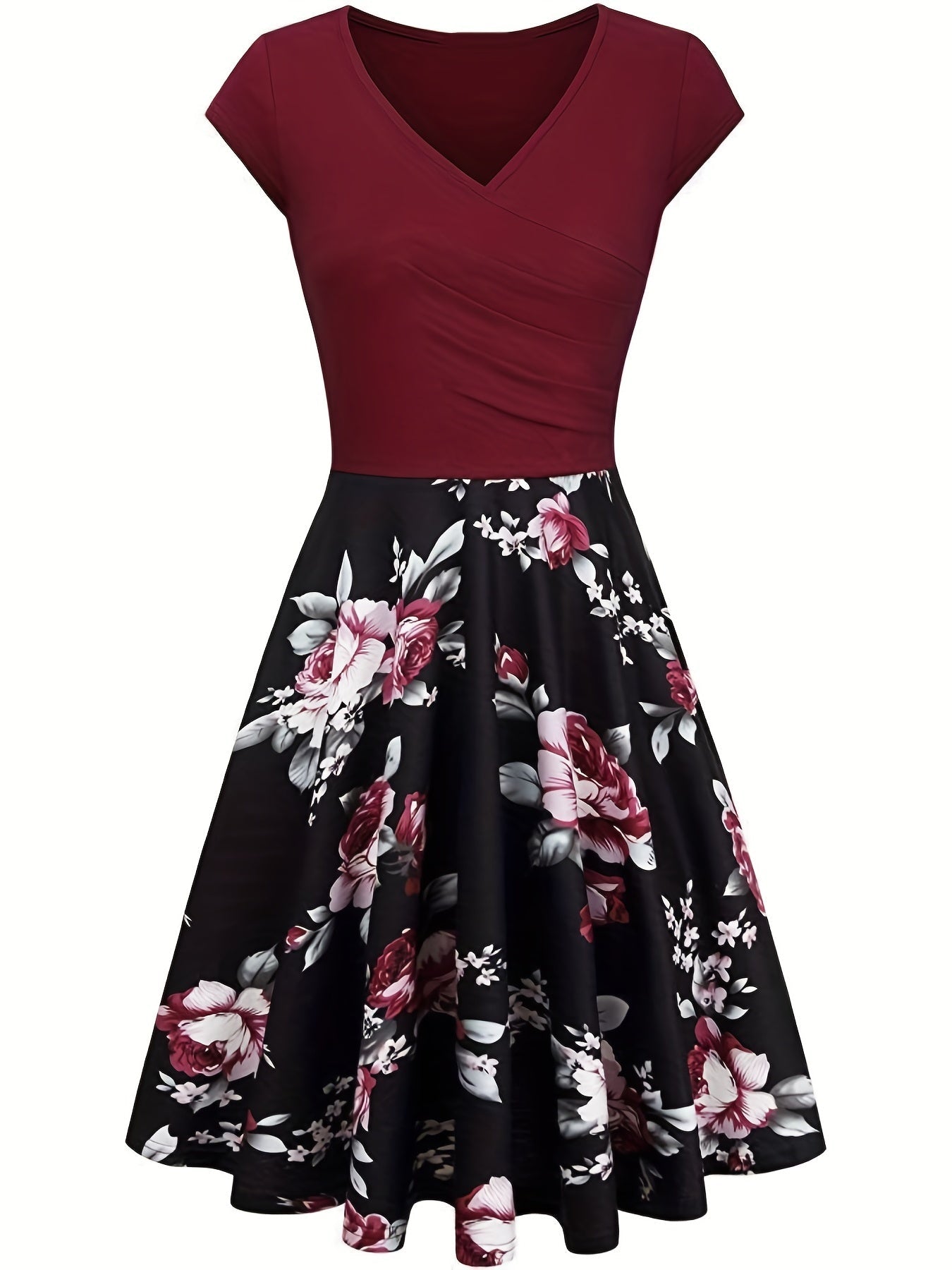 Floral Print V Neck Dress, Elegant Short Sleeve Dress For Spring & Summer, Women's Clothing