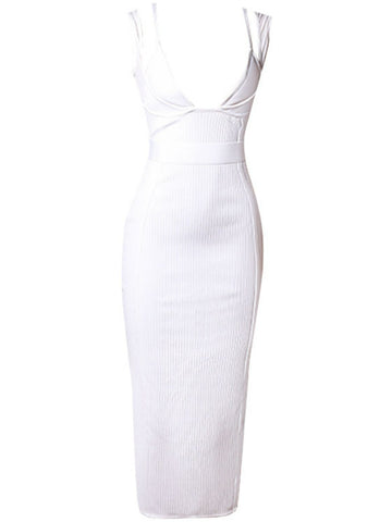 Ribbed Deep V Midi Bandage Dress