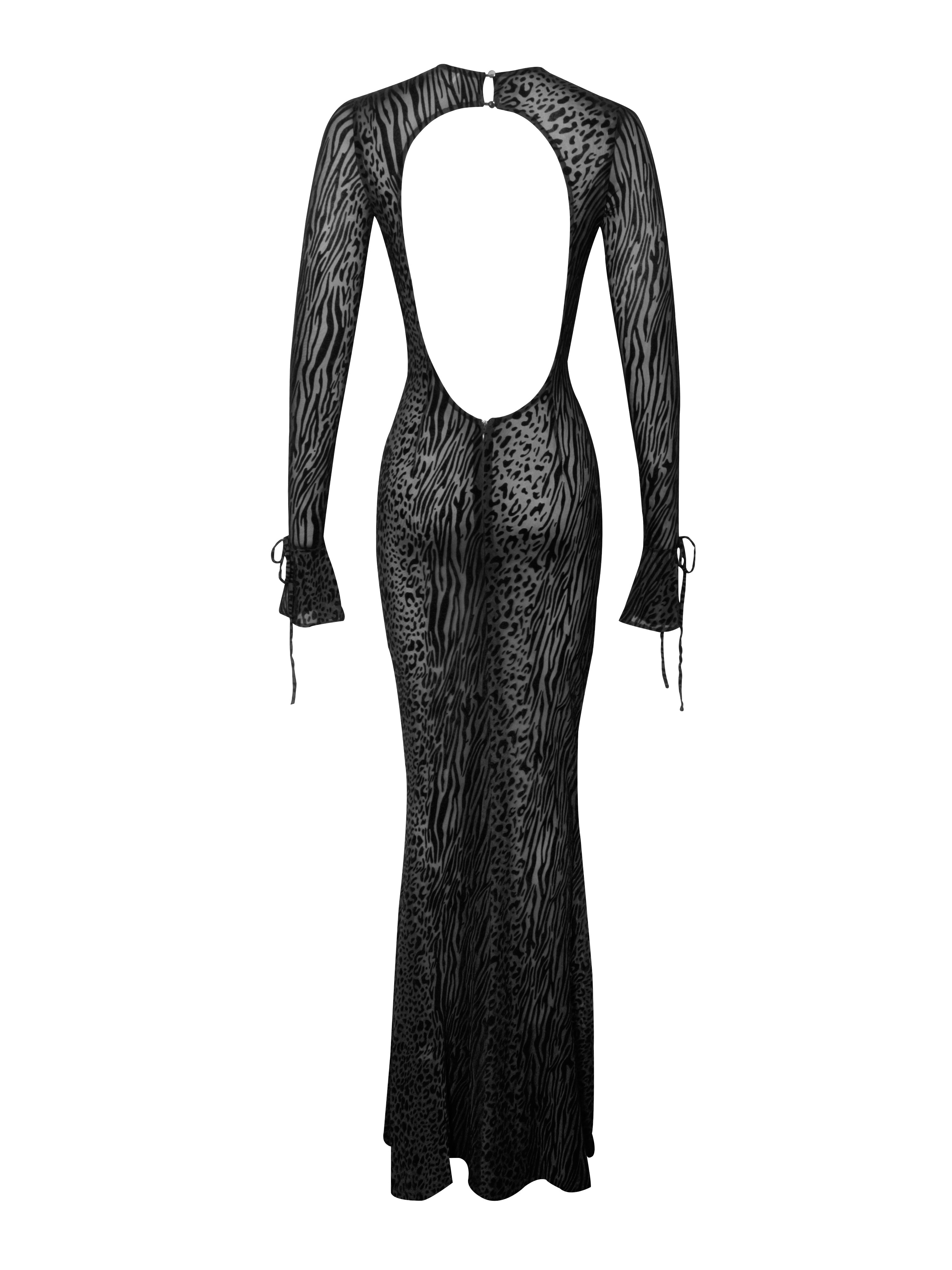 Waylynn Black Burnout Velvet Detail Mesh Backless Maxi Dress