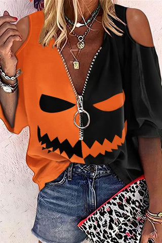 Pbong - Orange Casual Print Patchwork Zipper V Neck Tops