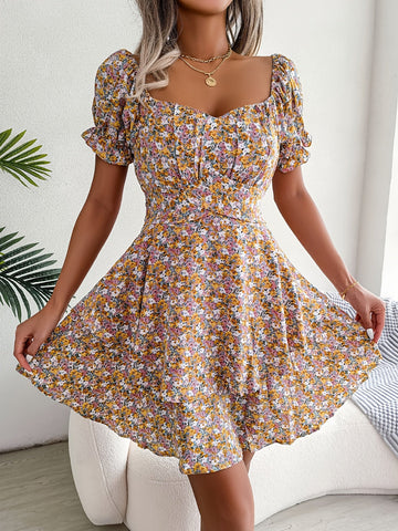 Bohemia Floral Print Dress, Puff Short Sleeve Square Neck Ruffle Hem Vacation Dress, Women's Clothing