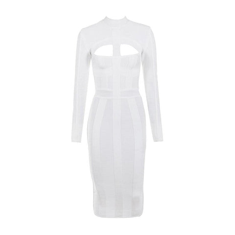 Women Bodycon Bandage Dress White Long Sleeve Hollow Out Club Dress Vestidos Celebrity Evening Party Midi Dress