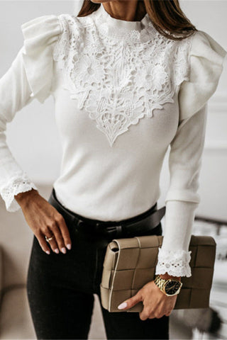 Pbong - White Elegant Solid Lace Half A Turtleneck Tops