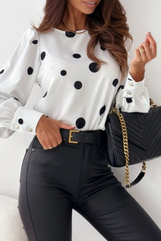 Pbong - White Casual Dot Print Basic O Neck Tops