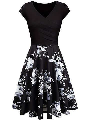 Floral Print V Neck Dress, Elegant Short Sleeve Dress For Spring & Summer, Women's Clothing