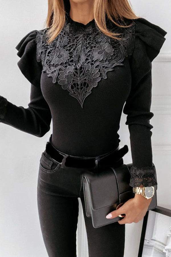 Pbong - White Elegant Solid Lace Half A Turtleneck Tops