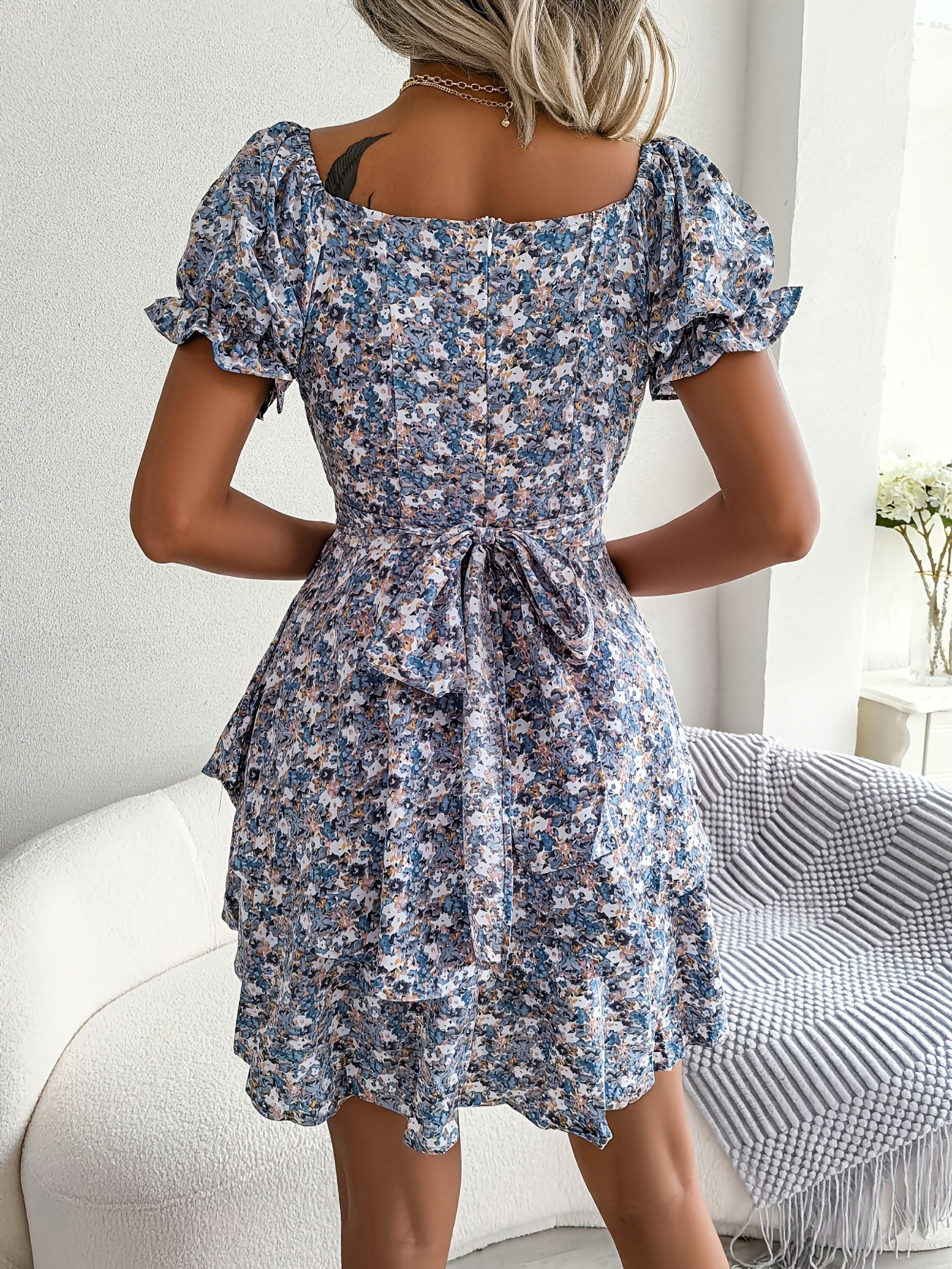 Bohemia Floral Print Dress, Puff Short Sleeve Square Neck Ruffle Hem Vacation Dress, Women's Clothing