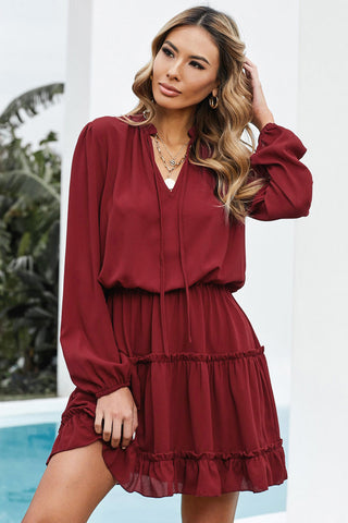 Tied Frill Trim Puff Sleeve Mini Dress