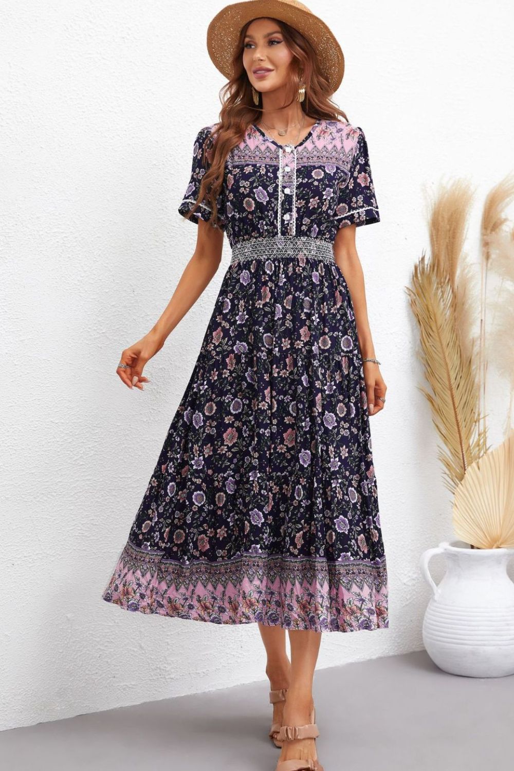 Bohemian V-Neck Short Sleeve Midi Dress