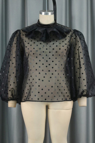 Pbong - Black Casual Dot Patchwork See-through Half A Turtleneck Tops