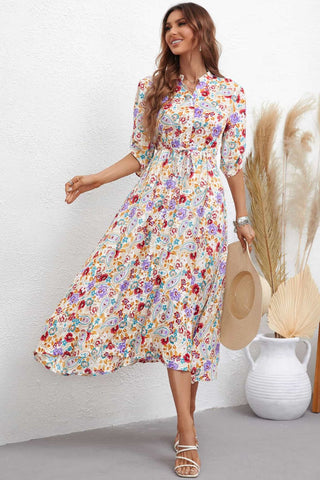 Floral Notched Neck Half Sleeve Dress