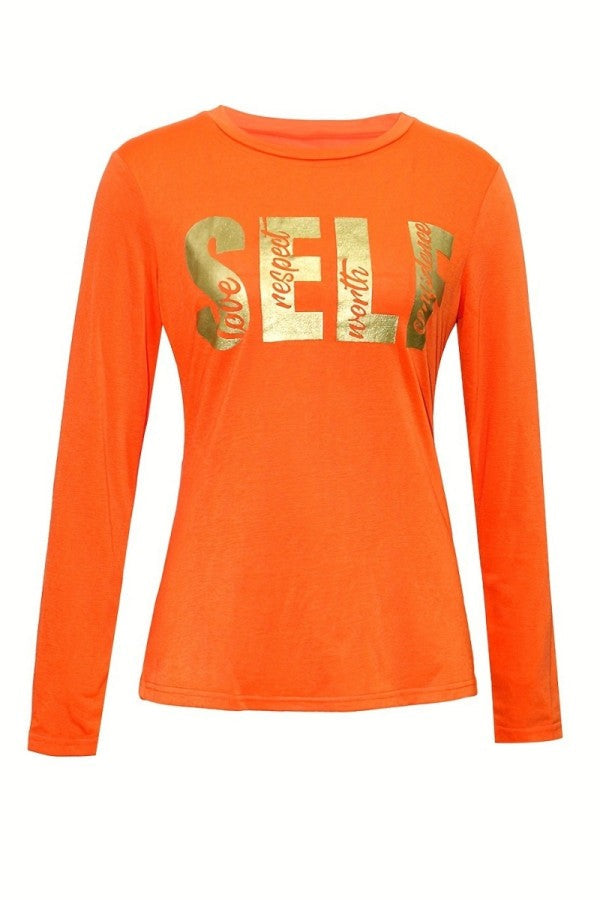 Pbong - Orange Casual Letter Print Basic O Neck Tops