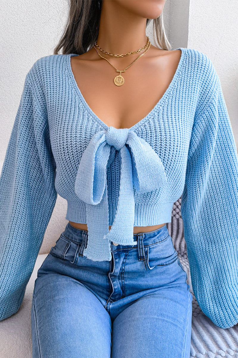 Pbong - White Sexy Solid With Bow V Neck Tops